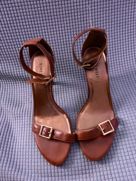Nine West Shoes - Nine West Brown Leather Ankle-Strap Heels with Gold Buckles 8